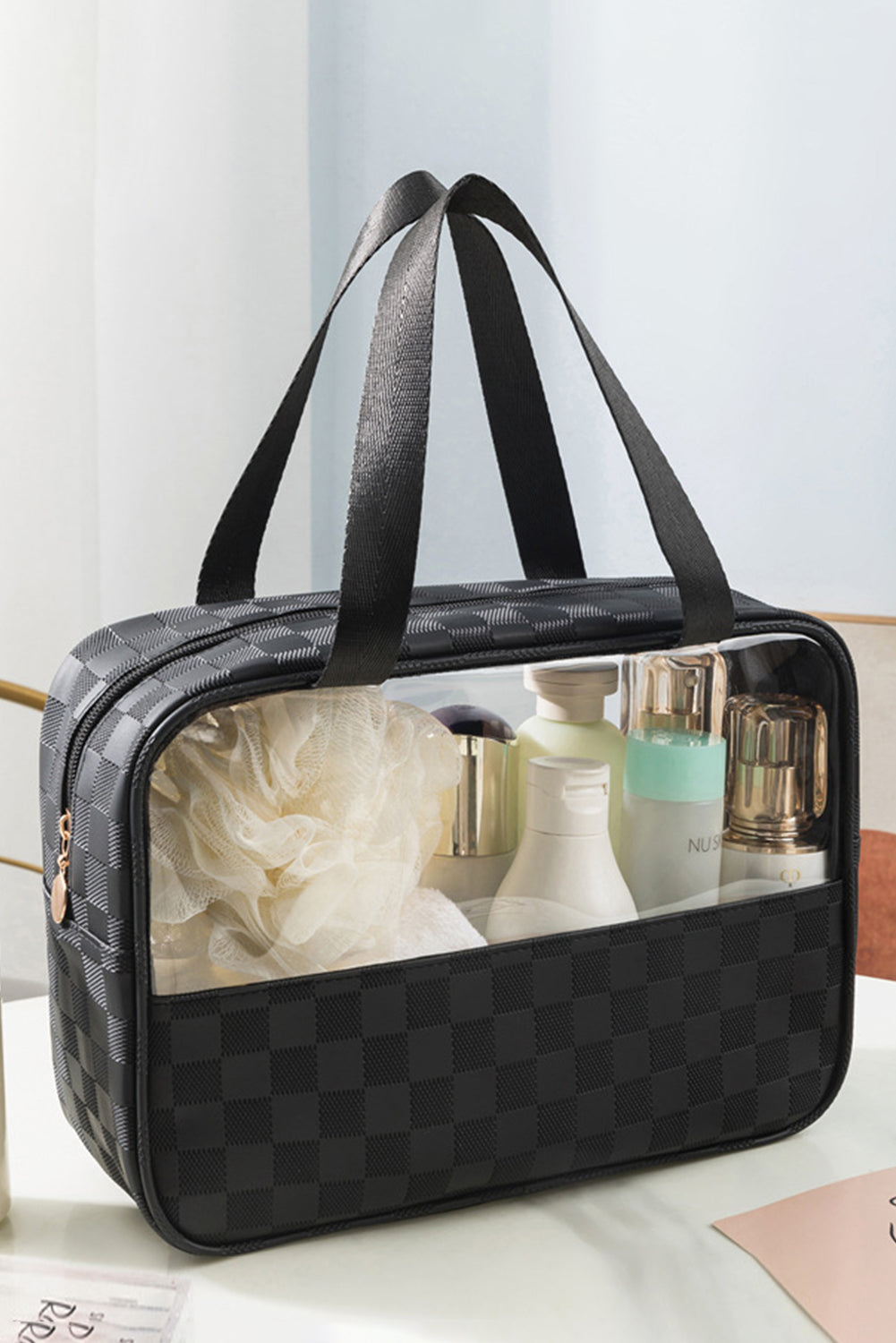 Black white Stylish Checkered PVC Clear Cosmetic Bag