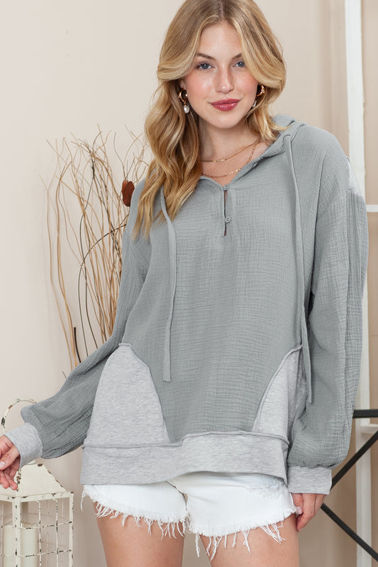 Grey Buttoned Pullover Hoodie