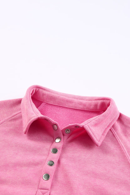 Pink Casual Washed Snap Button Pullover Sweatshirt