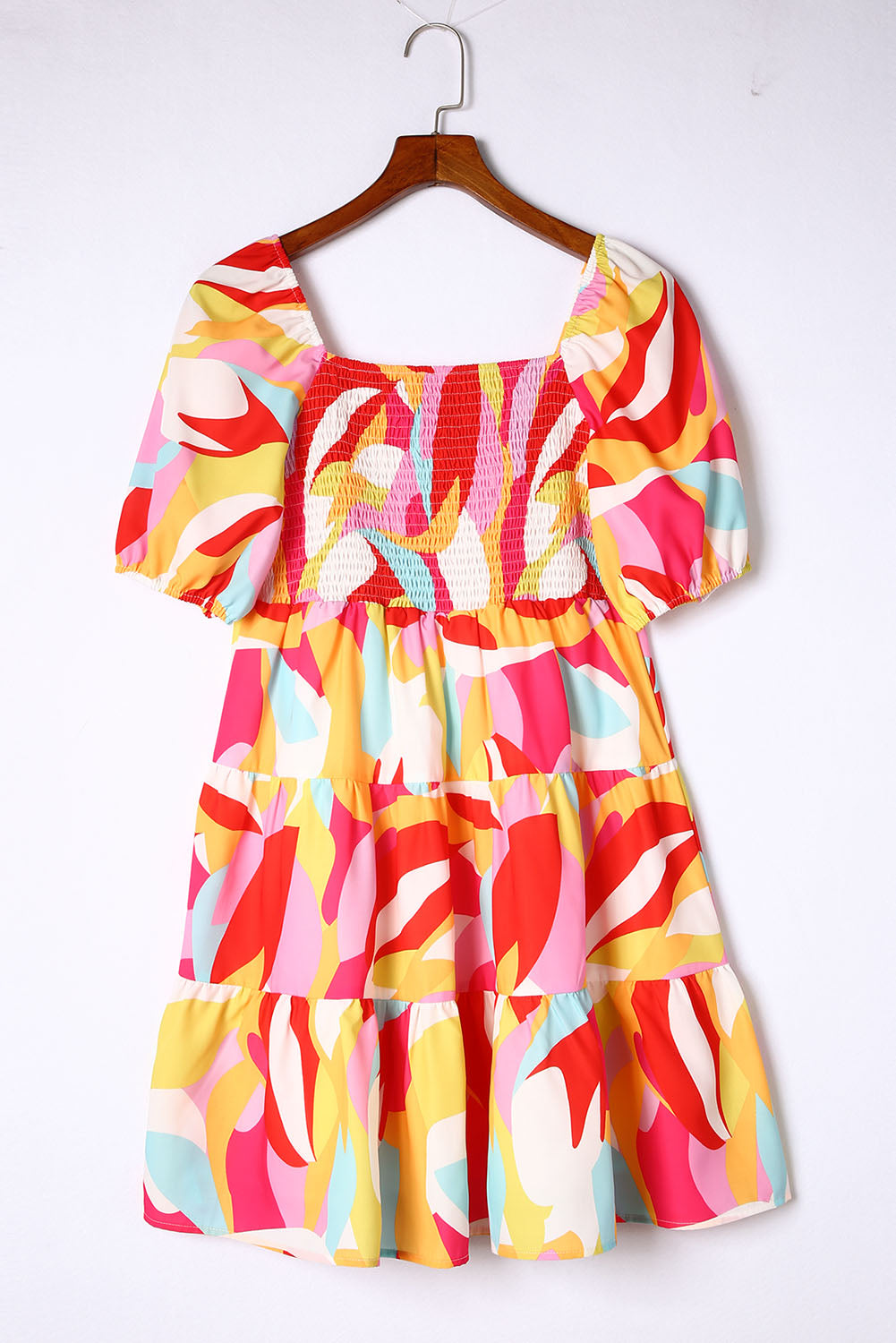 Multicolor Geometric Print Smocked Babydoll Short Dress