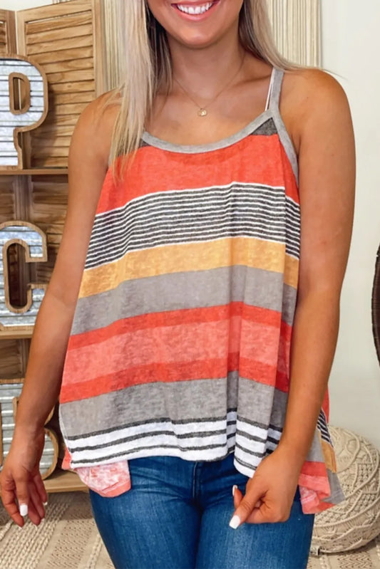 Red Colourful Striped Casual Flowy Cami Top