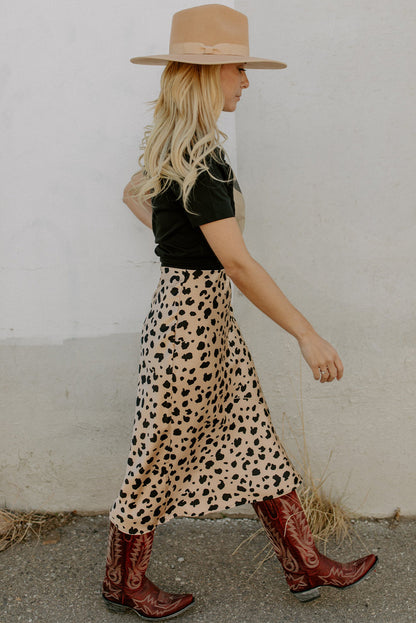 Khaki Leopard Print Side Split Midi Skirt