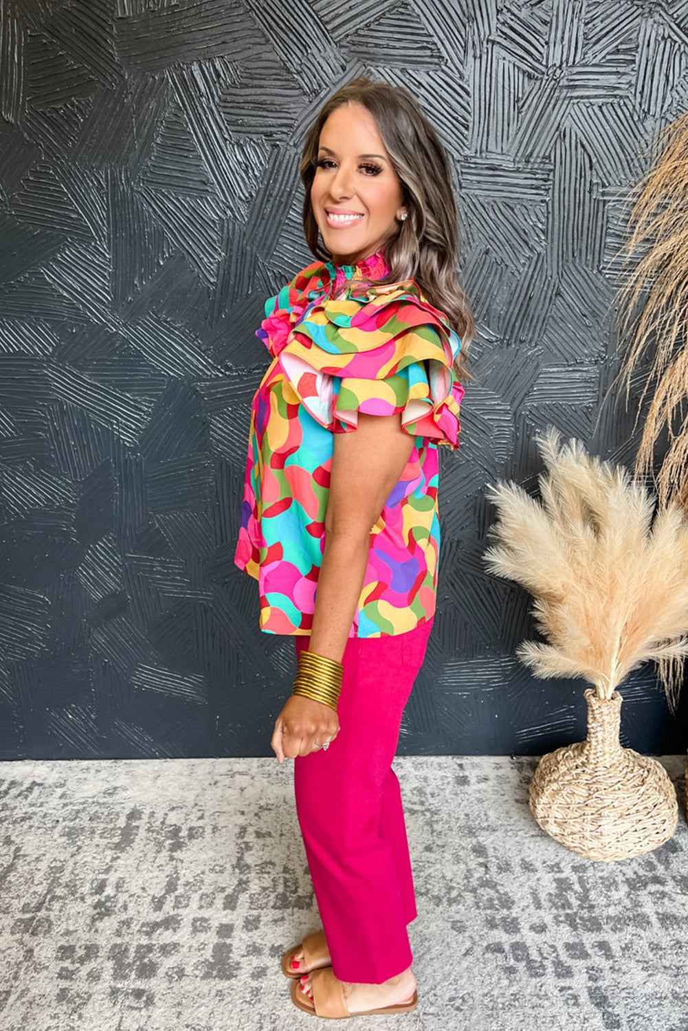 Rose Red Abstract Top with Layered Ruffle Sleeves