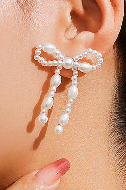White Pearl Beaded Bowknot Shaped Drop Earrings