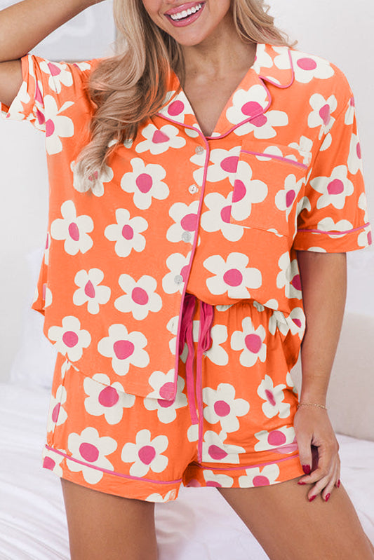 Flower Print Shirt and Drawstring Waist Pajama Set