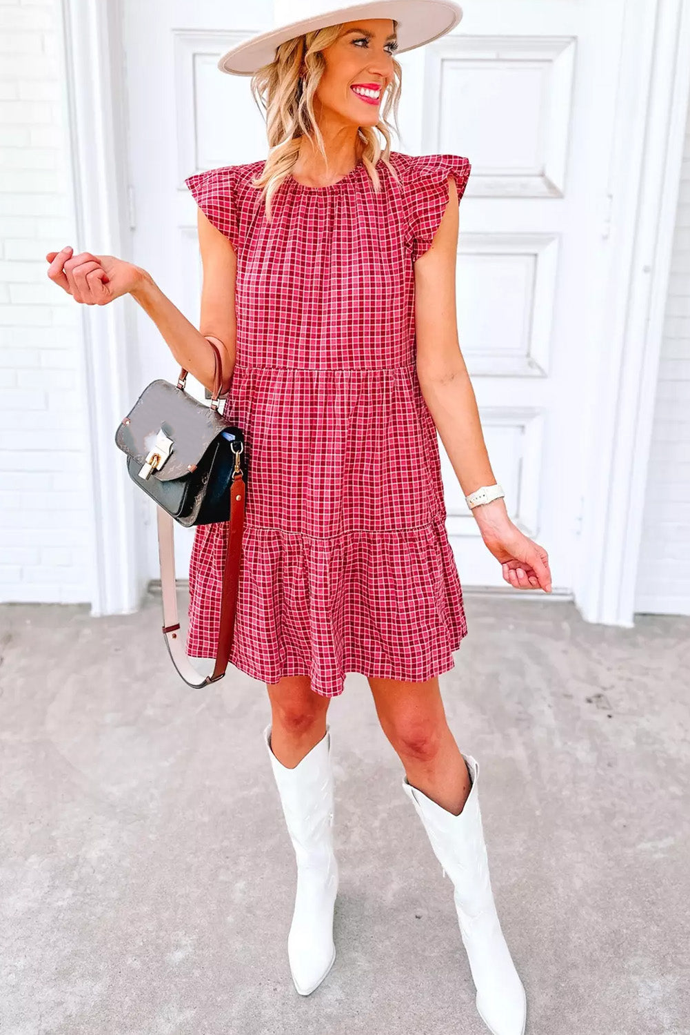 Red Clay Plaid Flutter Sleeve Tiered Mini Dress