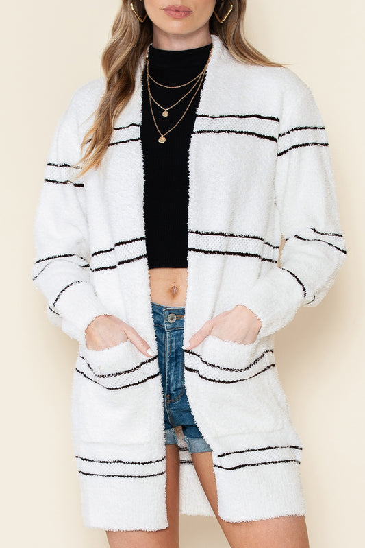 White Striped Furry Open Front Cardigan