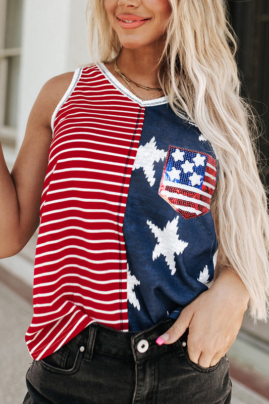 Red American Flag Sequin Graphic Patchwork V Neck Tank Top