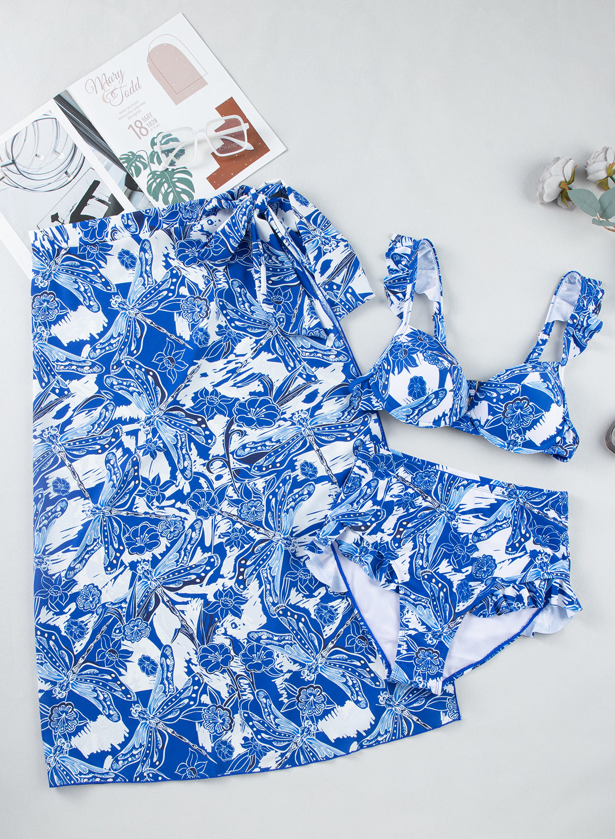 Blue Flower Print Bikini Set with Cover-Up Skirt