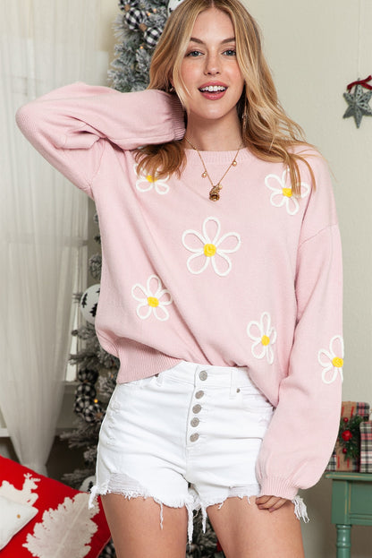 Pink Floral Patch Contrast Ribbed Trim Knitted Sweater