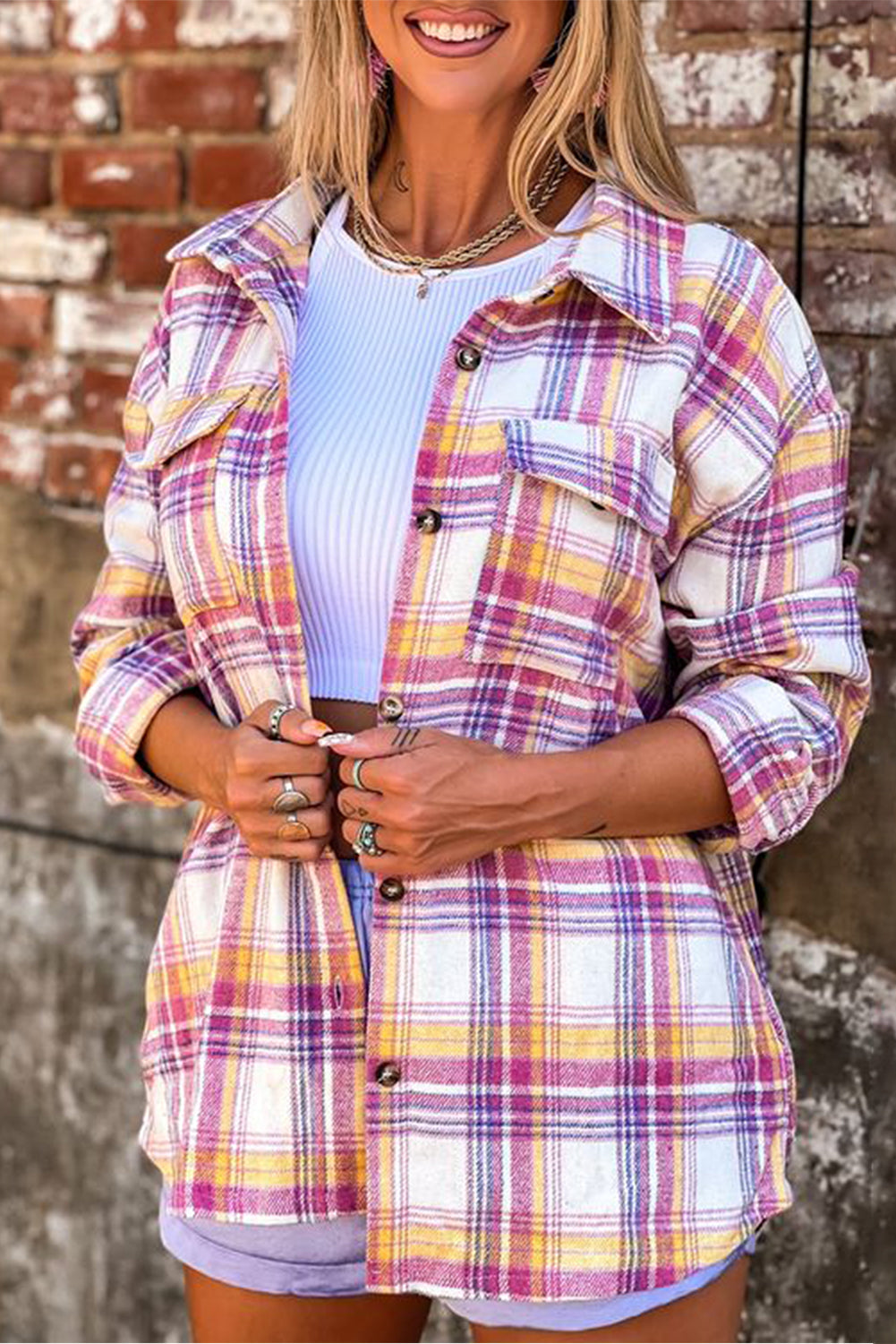 Red Plaid Print Rounded Hem Shacket with Pockets