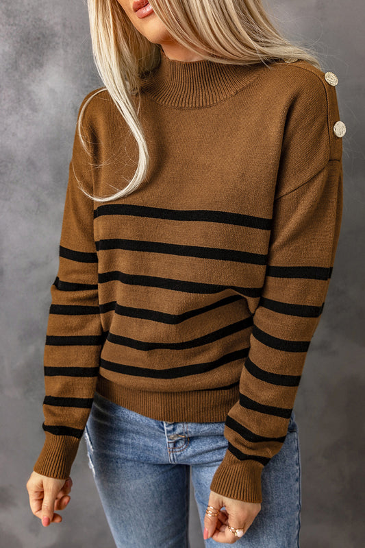 Khaki Mock Neck Striped Sweater