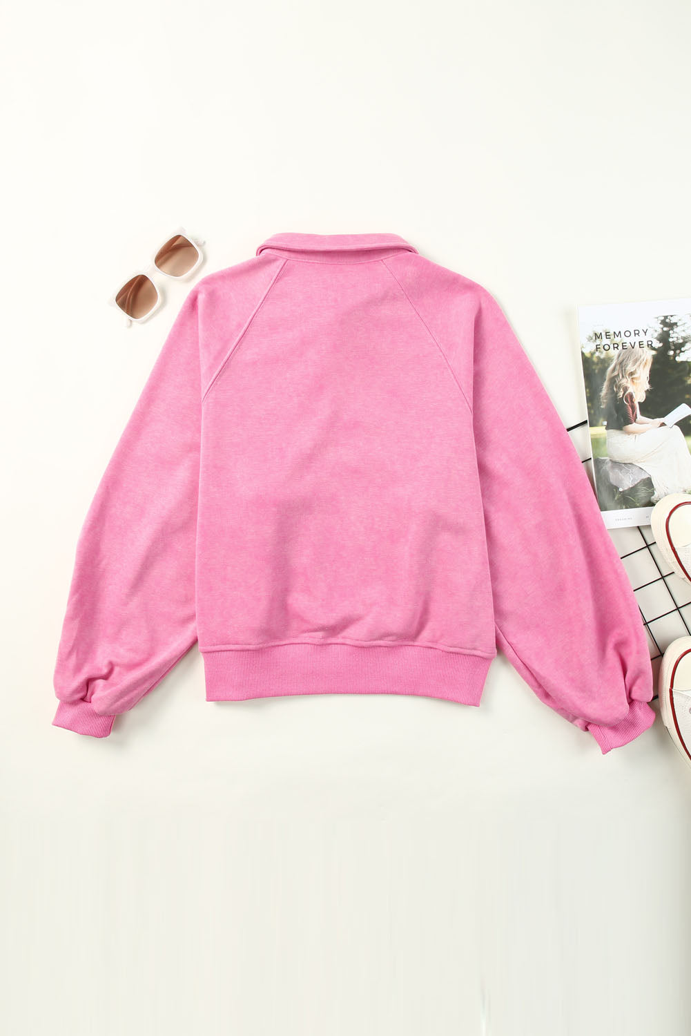 Pink Casual Washed Snap Button Pullover Sweatshirt