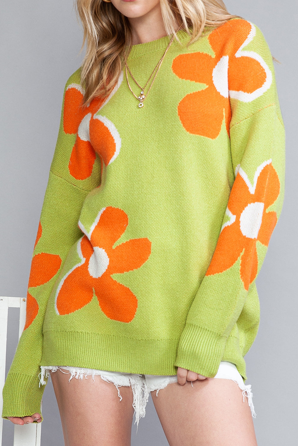 Green Floral Pattern Ribbed Contrast Sweater