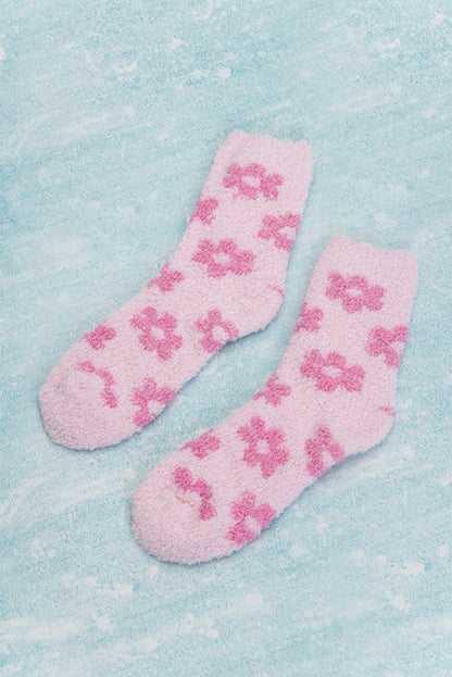 Dark Pink Flower Pattern Coral Velvet Socks