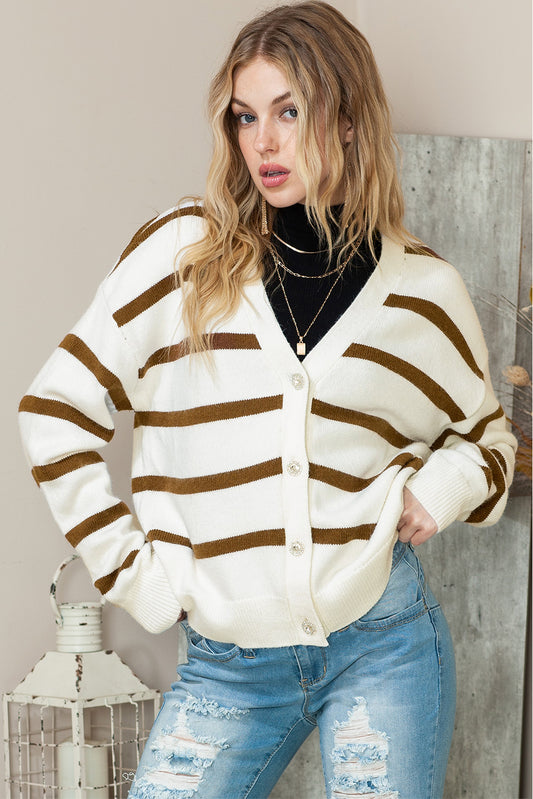 White Striped Button Up Knitted Chunky Cardigan Sweater