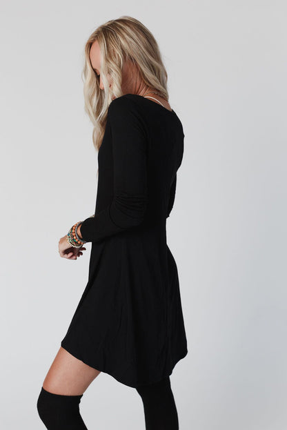 Black Solid Color Long Sleeve Henley Mini Dress