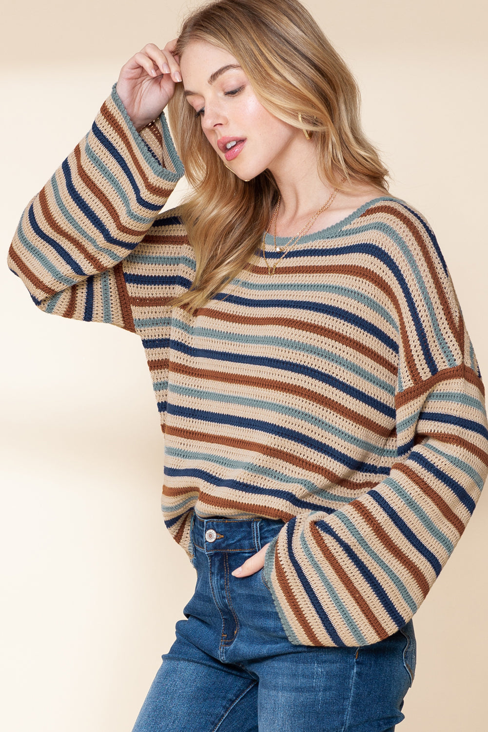 Gray Stripe Knitted Drop Sleeve Cropped Loose Sweater