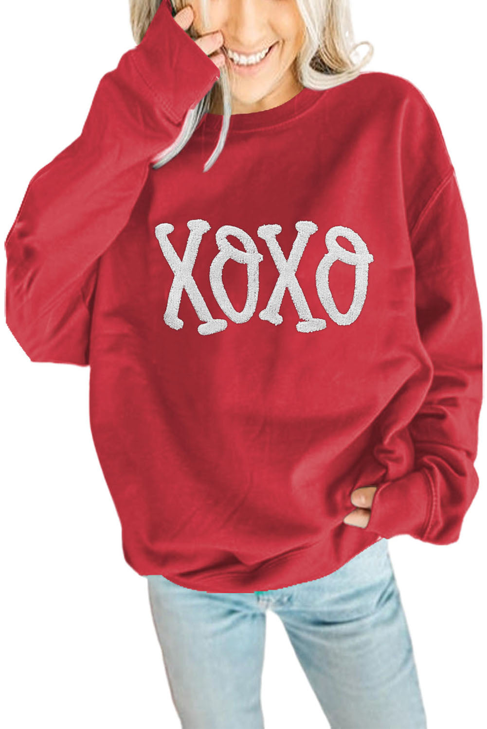 Red XOXO Print Drop Sleeve Pullover Sweatshirt