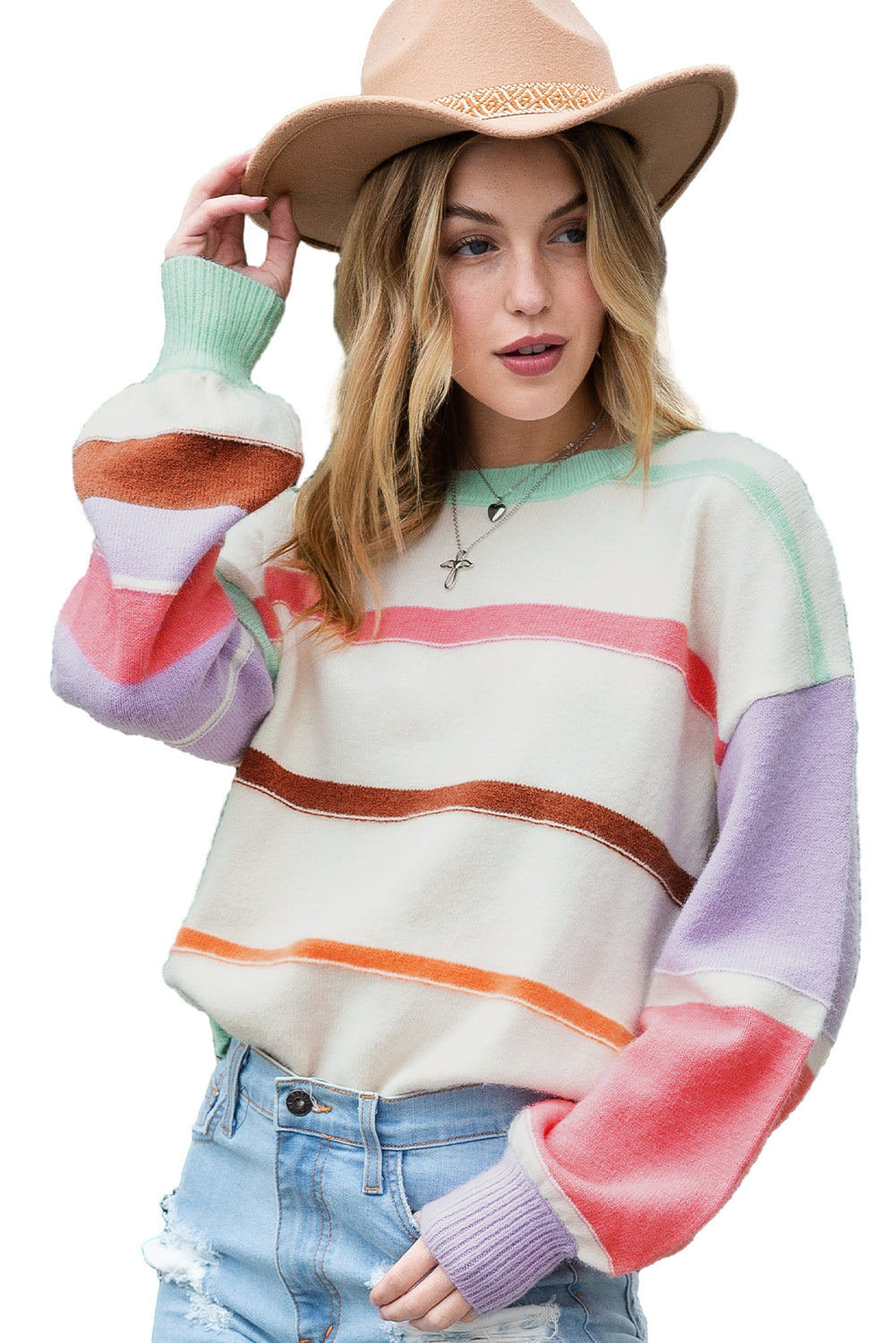 Multicolor Striped Drop Shoulder Crew Neck Sweater