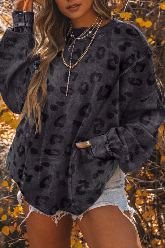 Carbon Grey Leopard Print Washed Drop Sleeve Sweatshirt
