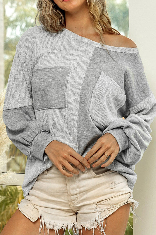 Grey Patchwork Chest Pockets Long Sleeve Pullover Top