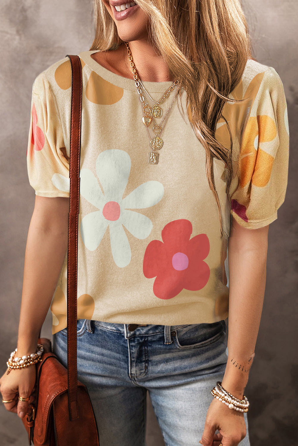 Apricot Colorful Flower Print Bubble Sleeve Tee