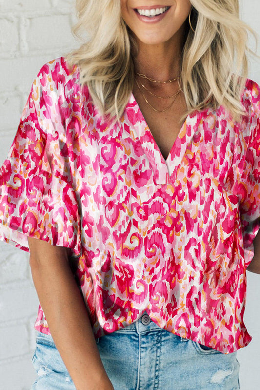 Rose Abstract Print Bell Sleeve V Neck Blouse