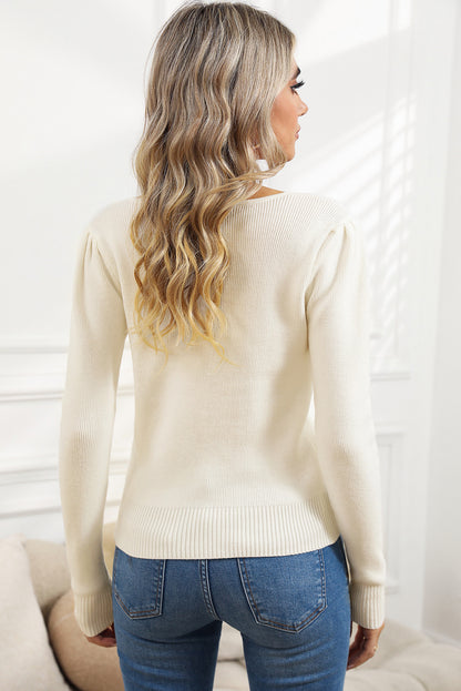 Beige Ruched Casual Rib Knit Sweater