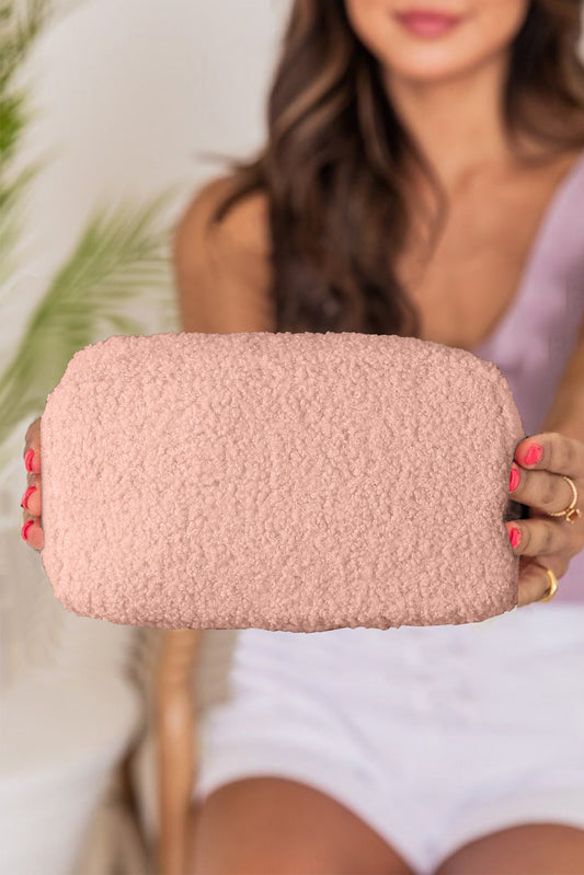 Pink Teddy Fleece Large Capacity Makeup Bag