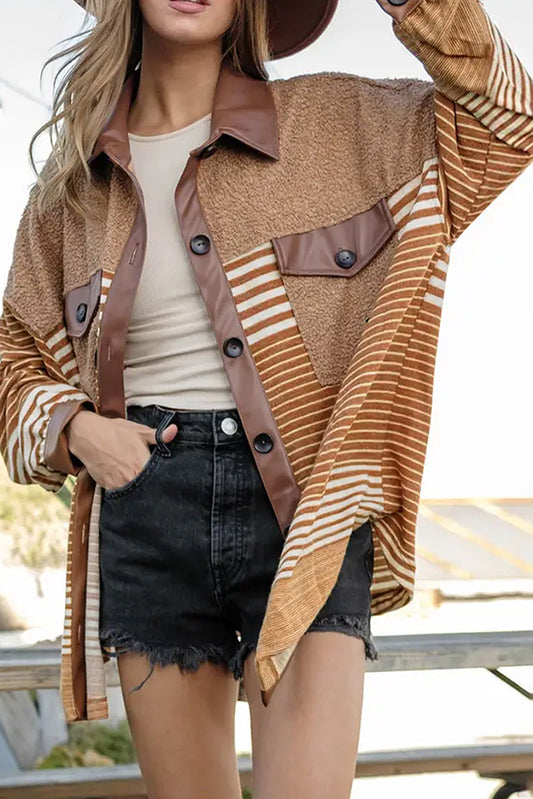 Khaki Faux Leather and Sherpa Striped Shirt Shacket