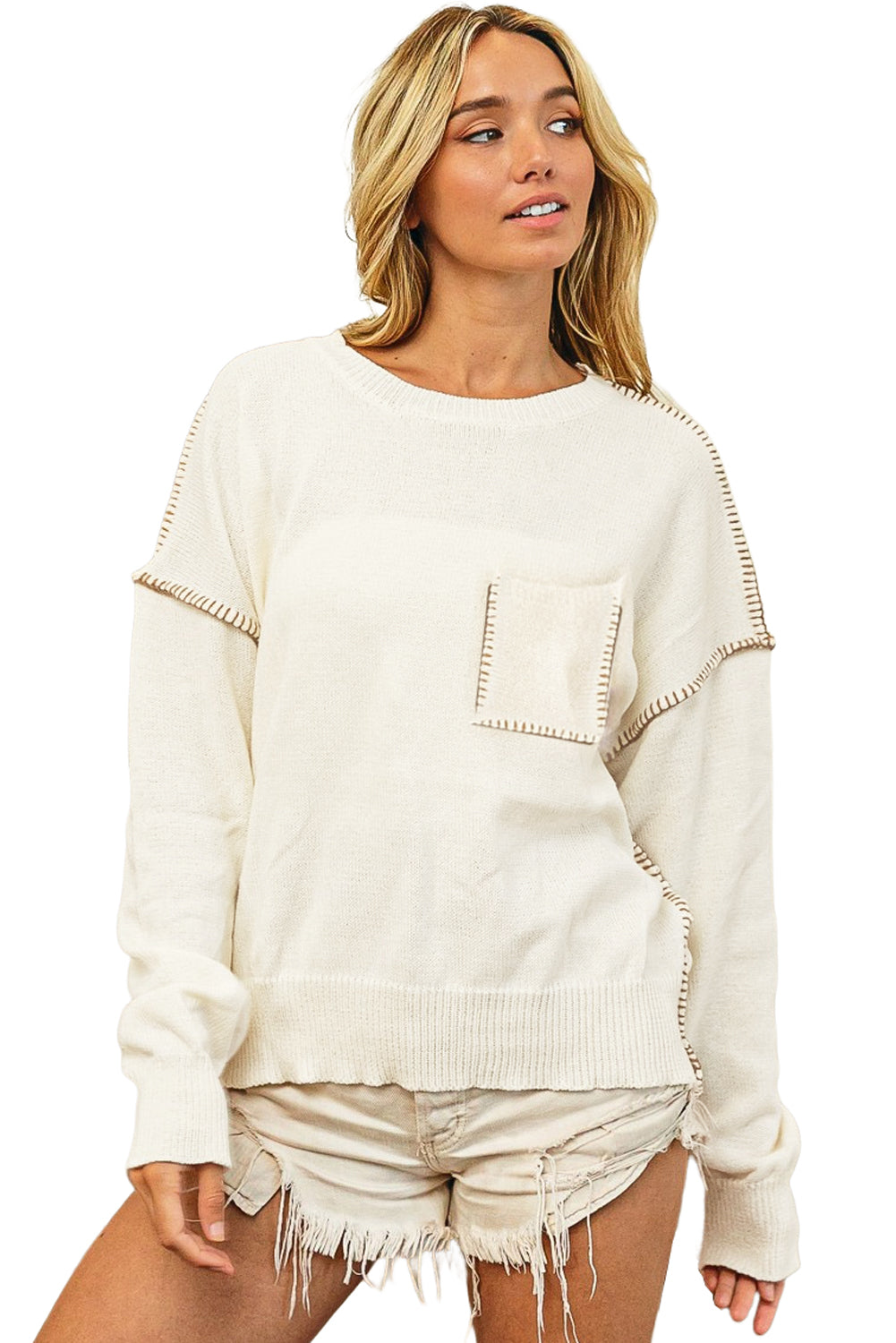 Beige Stitching Trim Drop Sleeve Sweater