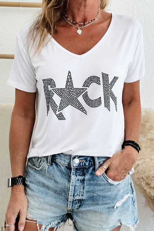White Rhinestone ROCK Star Pattern V Neck T Shirt