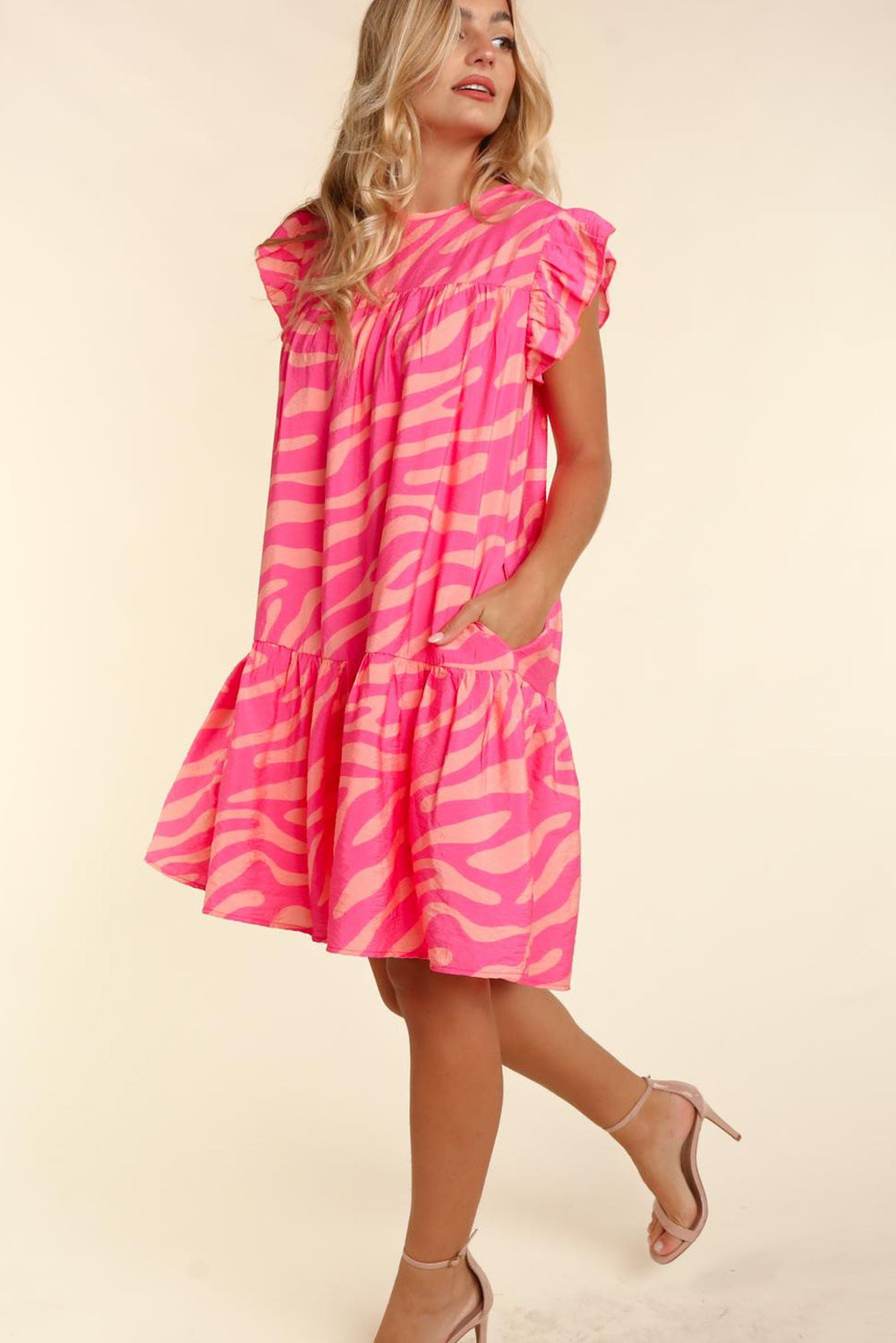 Pink Zebra Print Ruffle Trim Mini Dress
