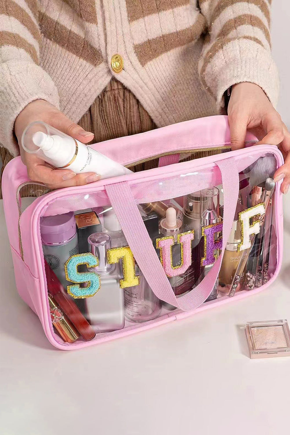 Pink STUFF Patch Clear Makeup Bag