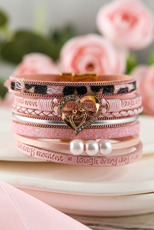 Pink Letter Print Heart Shaped Magnetic Buckle Bracelet