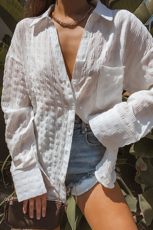 White Crinkled Plaid Textured Button Up Shirt