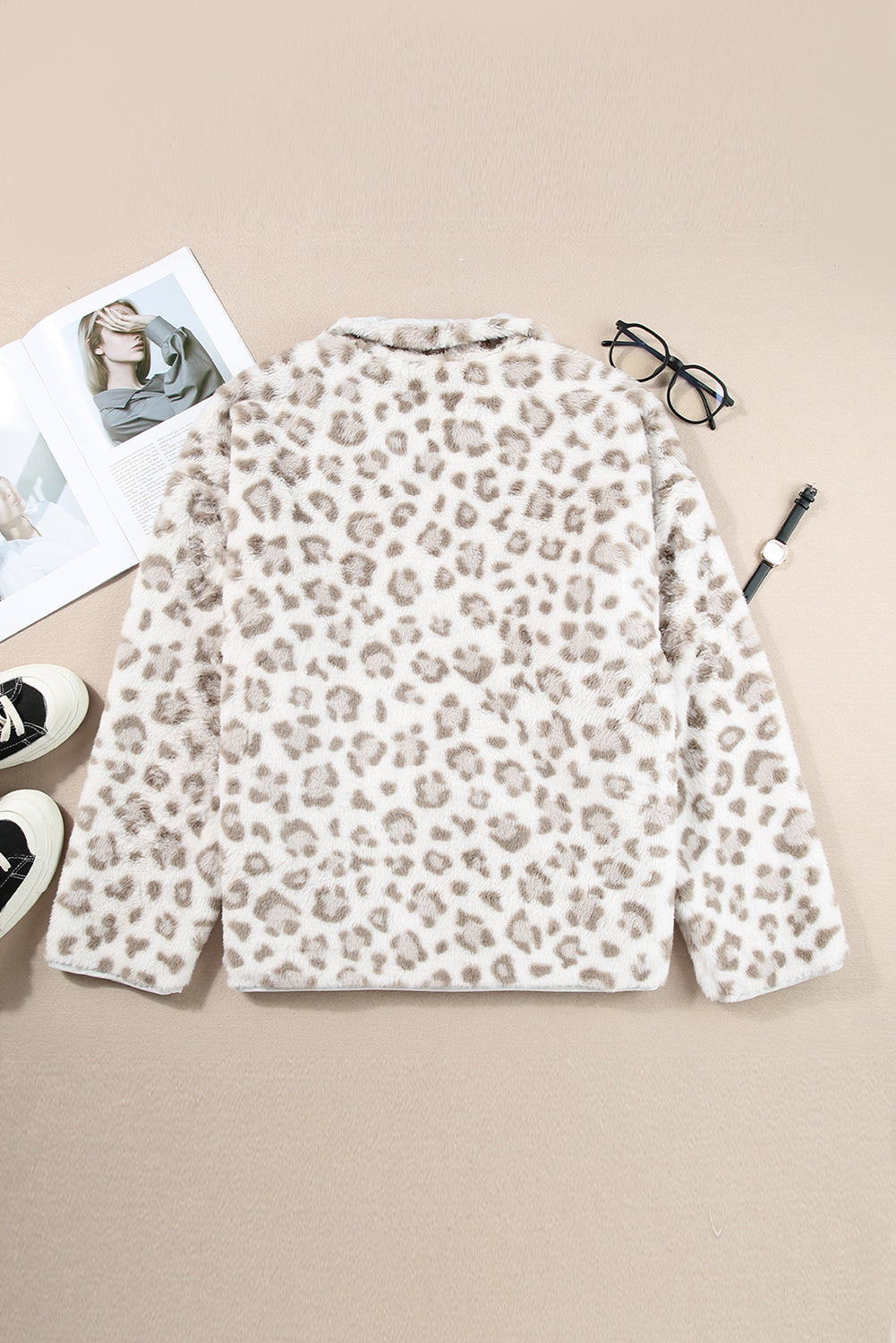 Leopard Fleece Snap Button Henly Pullover Sweatshirt