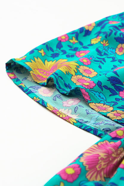 Floral Print Deep V Neck Flutter Sleeve Boho Maxi Dress