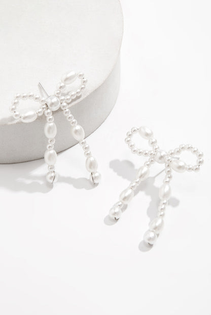 White Pearl Beaded Bowknot Shaped Drop Earrings