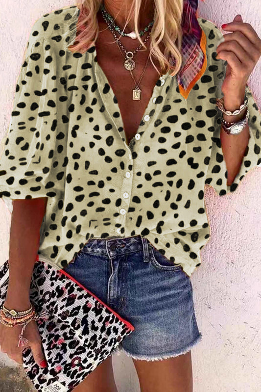 Leopard Print Bishop Sleeve Button Shirt