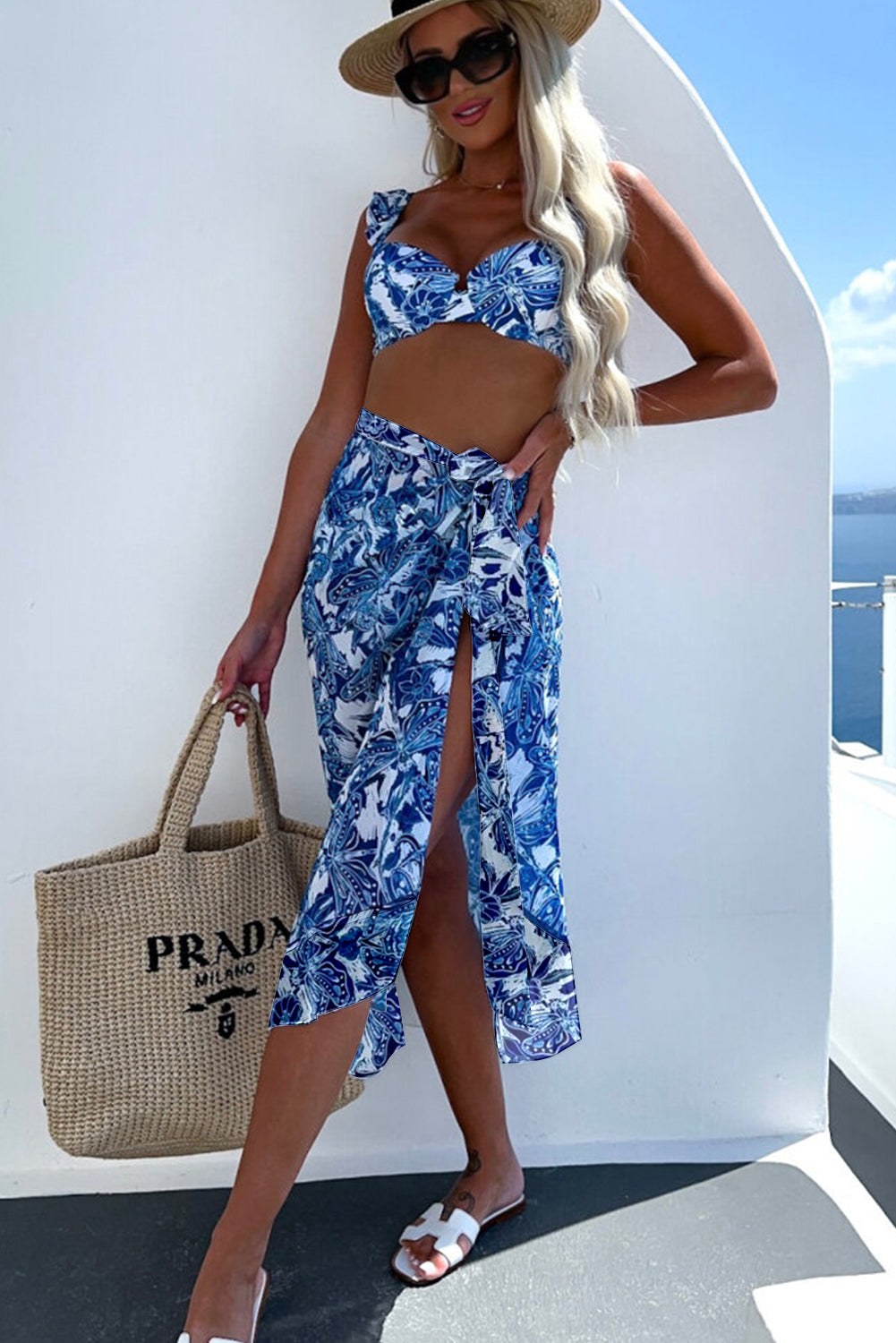 Blue Flower Print Bikini Set with Cover-Up Skirt