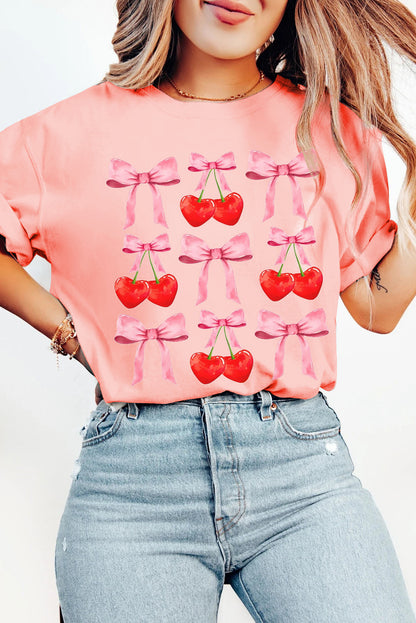 Pink Casual Bow Cherry Graphic Crew Neck T Shirt