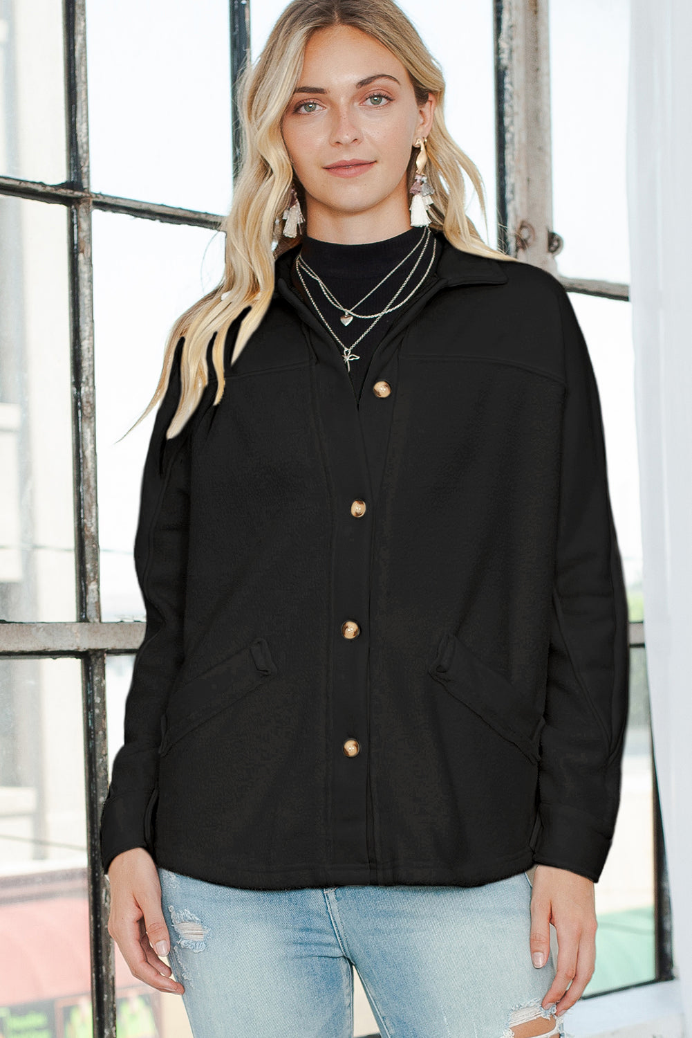 Black Button Up Stitching Pocketed Shacket