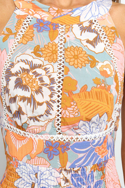 Orange Boho Floral Print Backless Lace-up Halter Maxi Dress