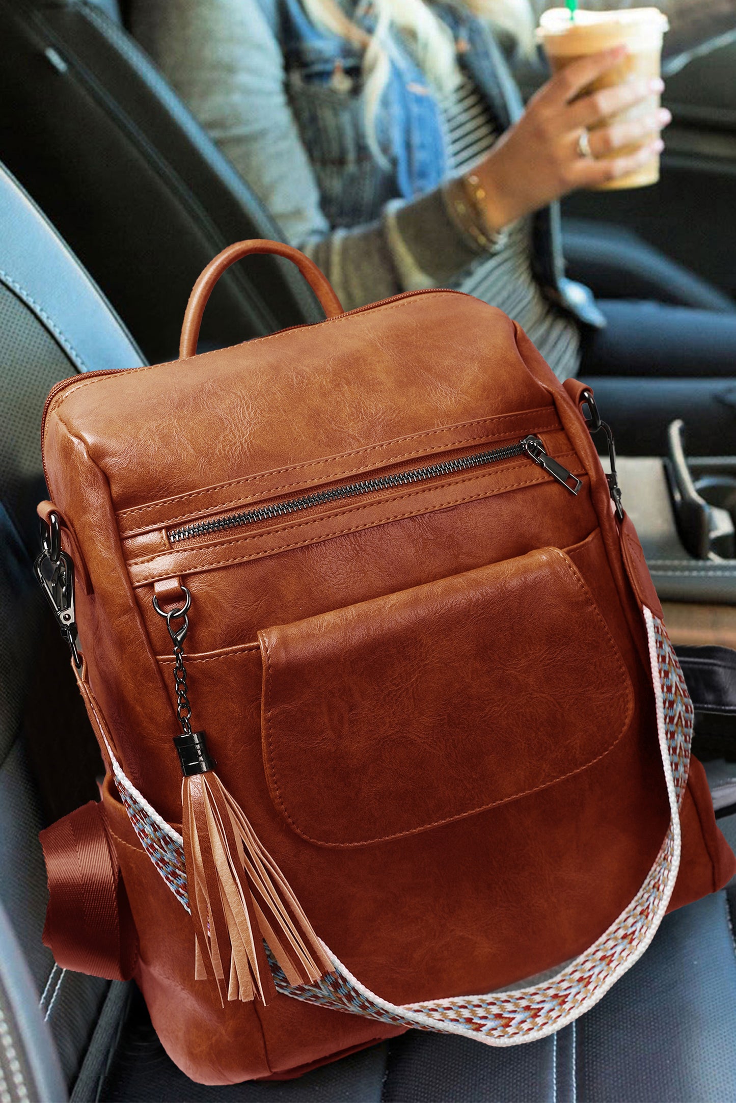 Brown Tassel Decor Retro PU Large Capacity Backpack