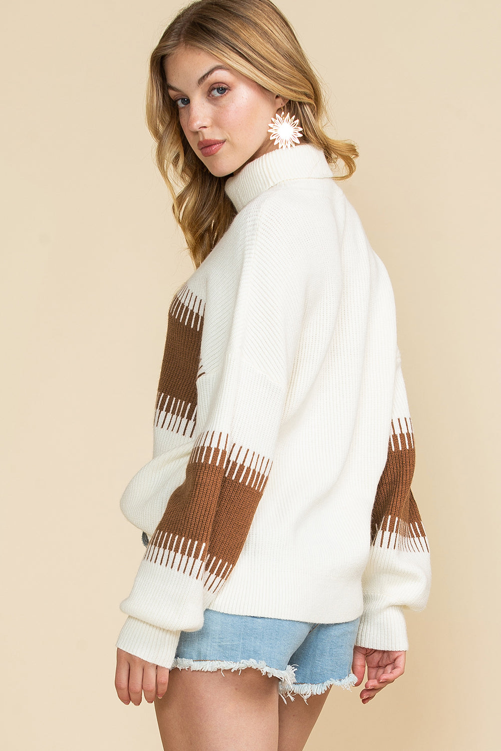 White Ribbed High Neck Bishop Sleeve Sweater