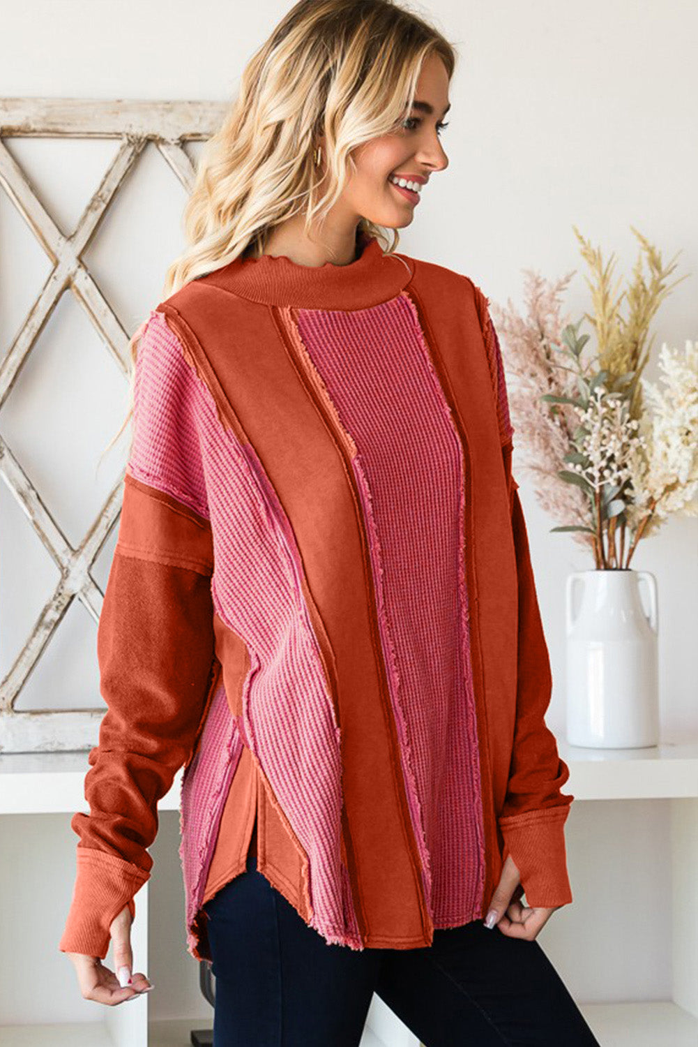 Red Waffle Knit Patchwork Thumbholes Long Sleeve Top