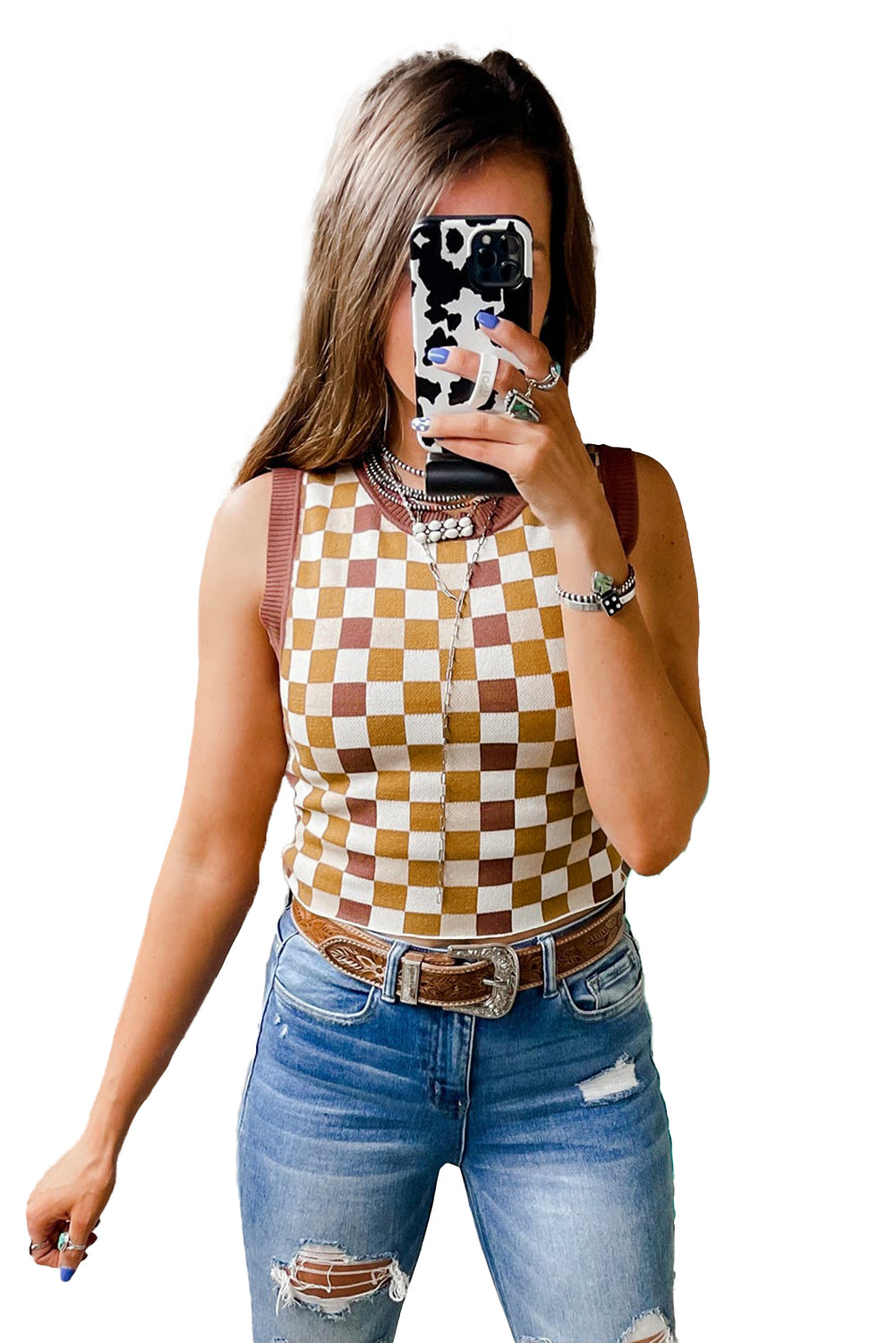 Brown Checkered Ribbed Trim Knit Sleeveless Shirt