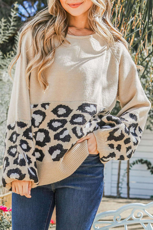 Khaki and Animal Print Color Block Pullover Sweater